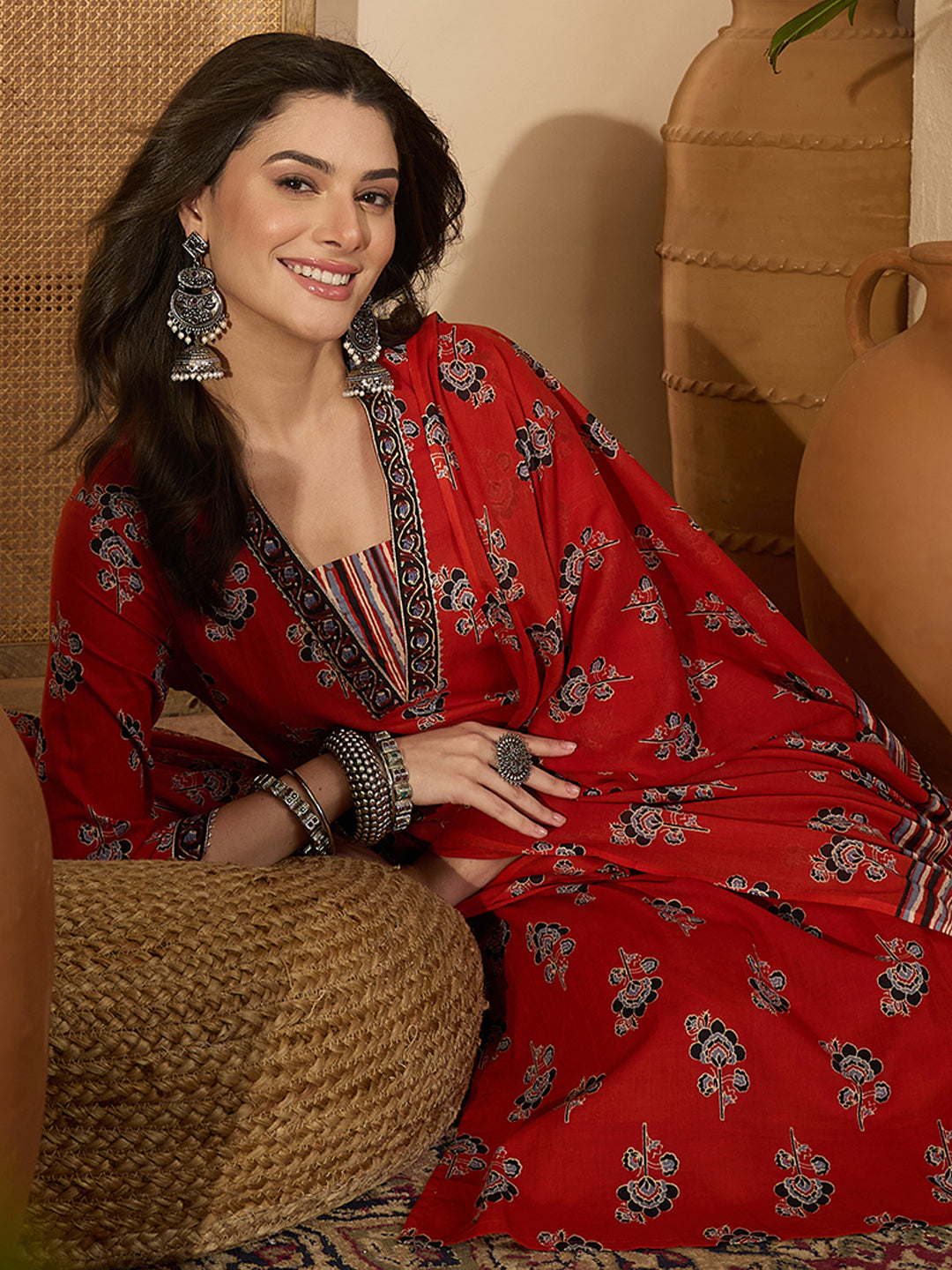 Janasya Women's Rust Pure Cotton Floral Printed Straight Kurta Set