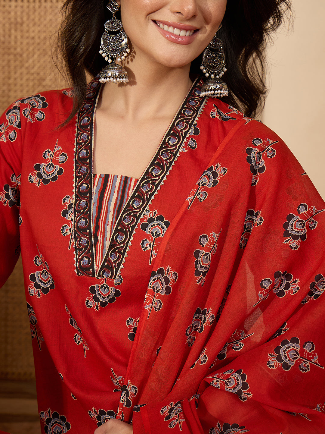 Janasya Women's Rust Pure Cotton Floral Printed Straight Kurta Set