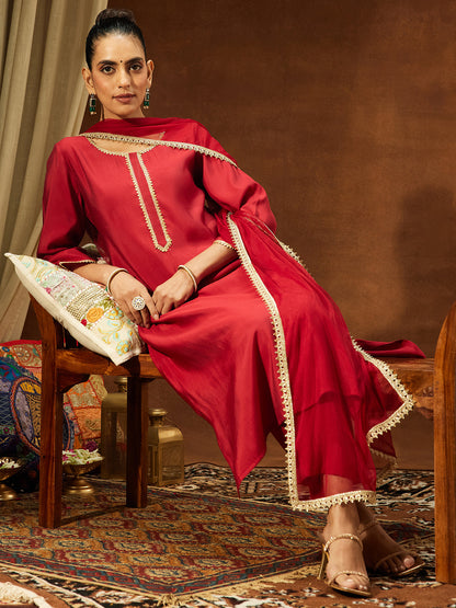 Janasya Women's Maroon Chanderi Silk Yoke Design Straight Kurta Set