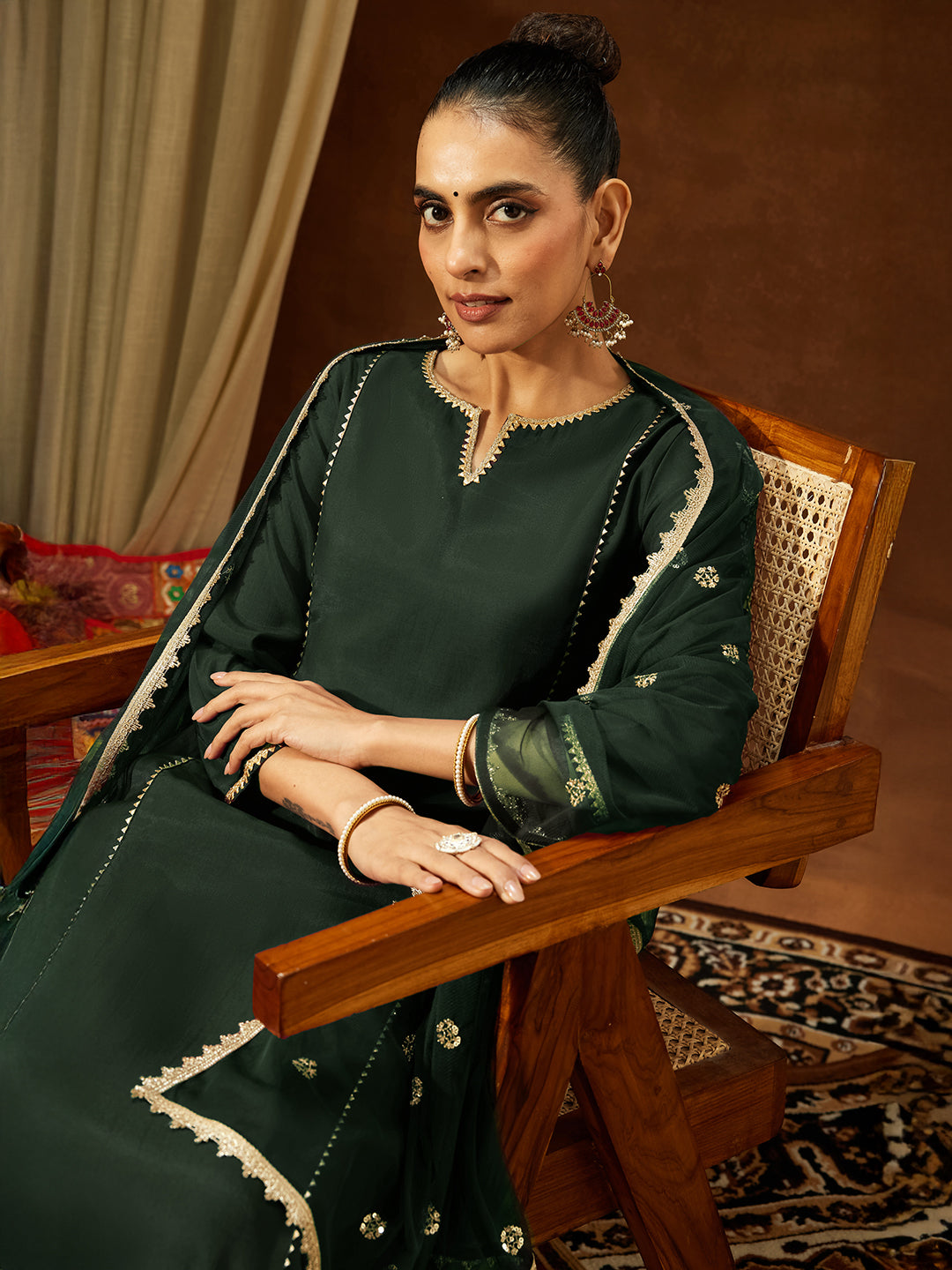 Janasya Women's Bottle Green Chanderi Silk Embellished Straight Kurta Set