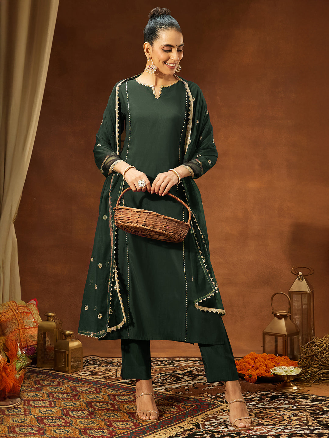 Janasya Women's Bottle Green Chanderi Silk Embellished Straight Kurta Set