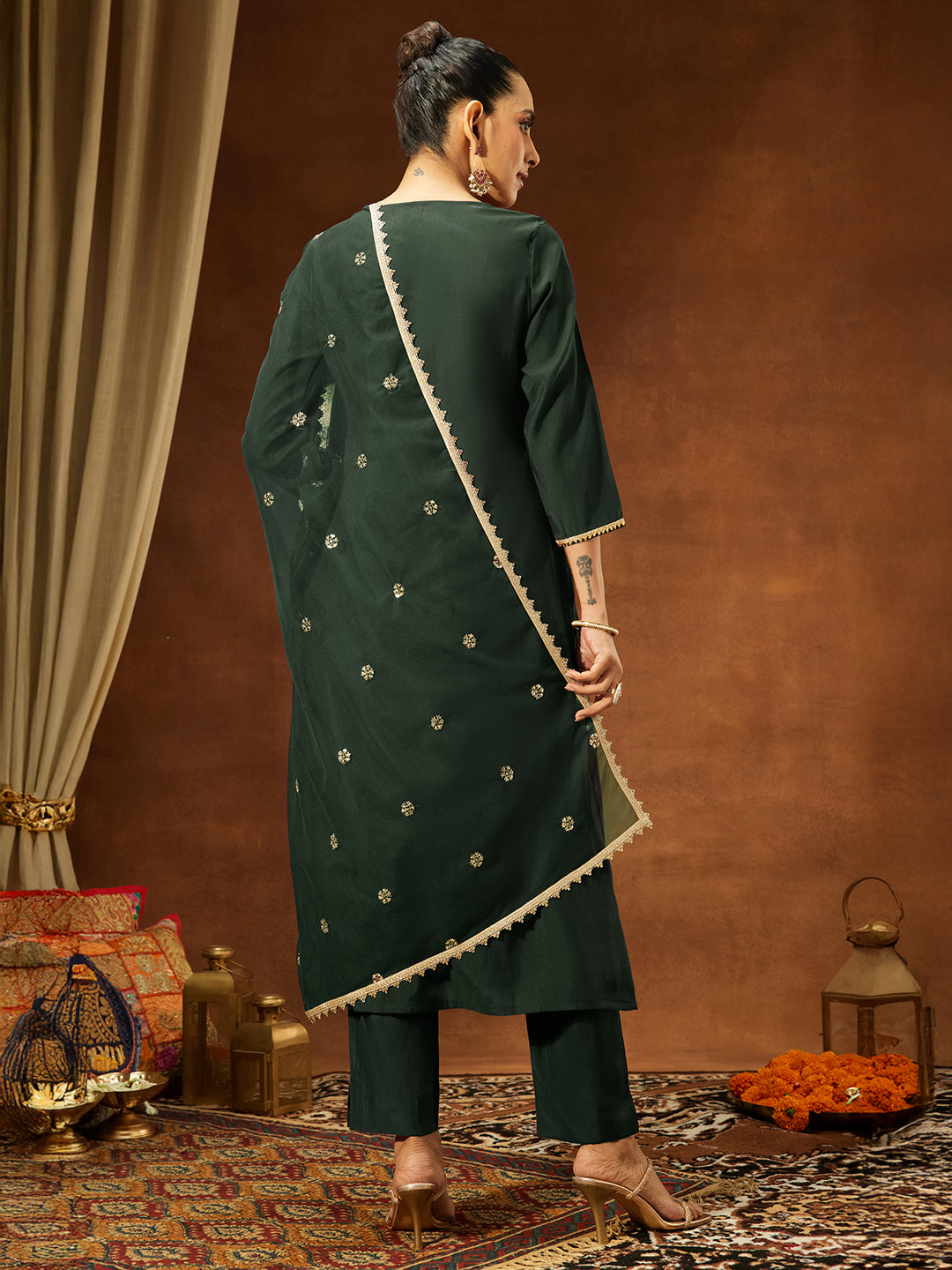 Janasya Women's Bottle Green Chanderi Silk Embellished Straight Kurta Set