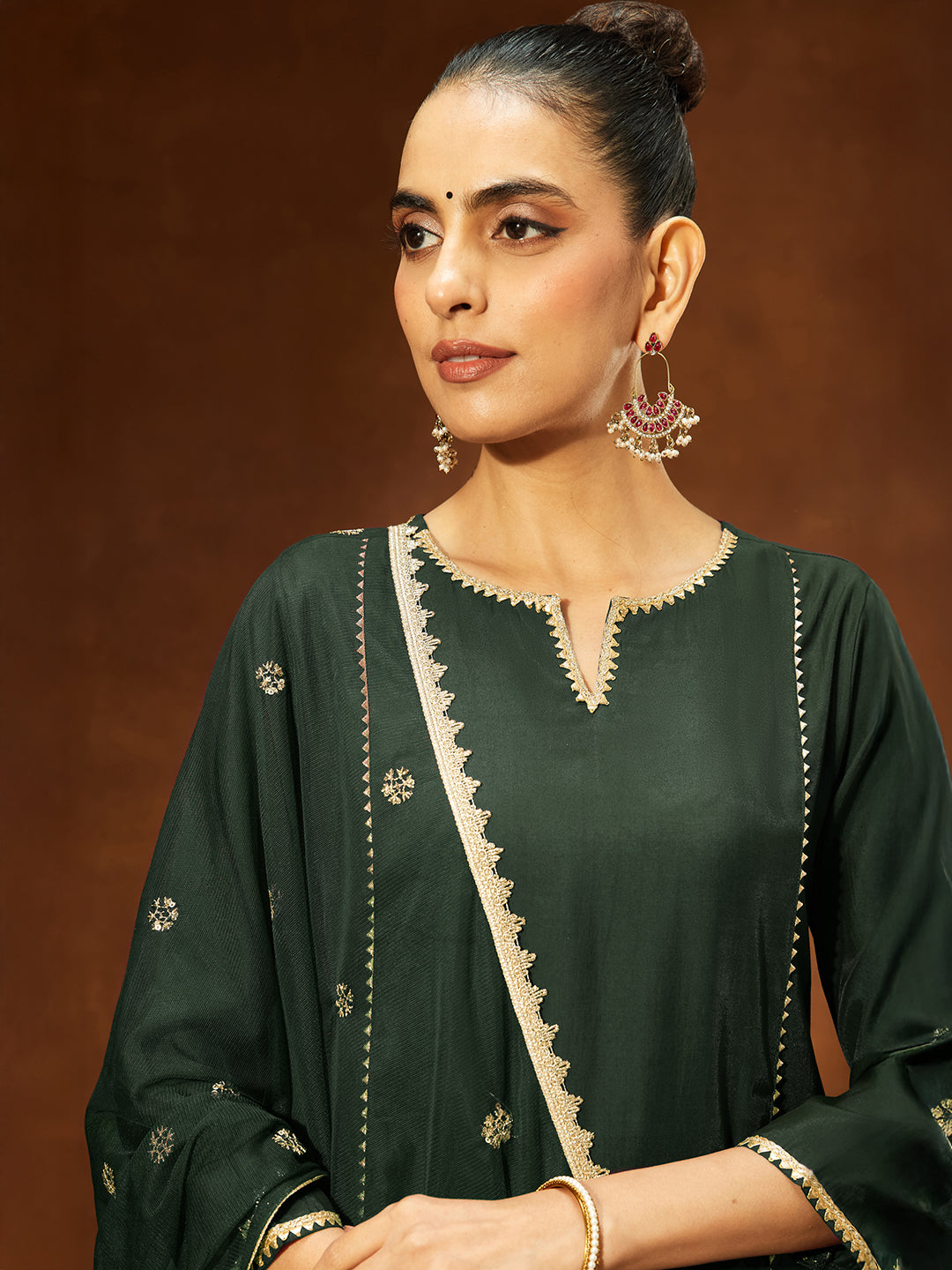 Janasya Women's Bottle Green Chanderi Silk Embellished Straight Kurta Set