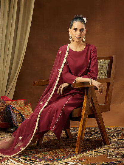 Janasya Women's Maroon Chanderi Silk Embellished Straight Kurta Set