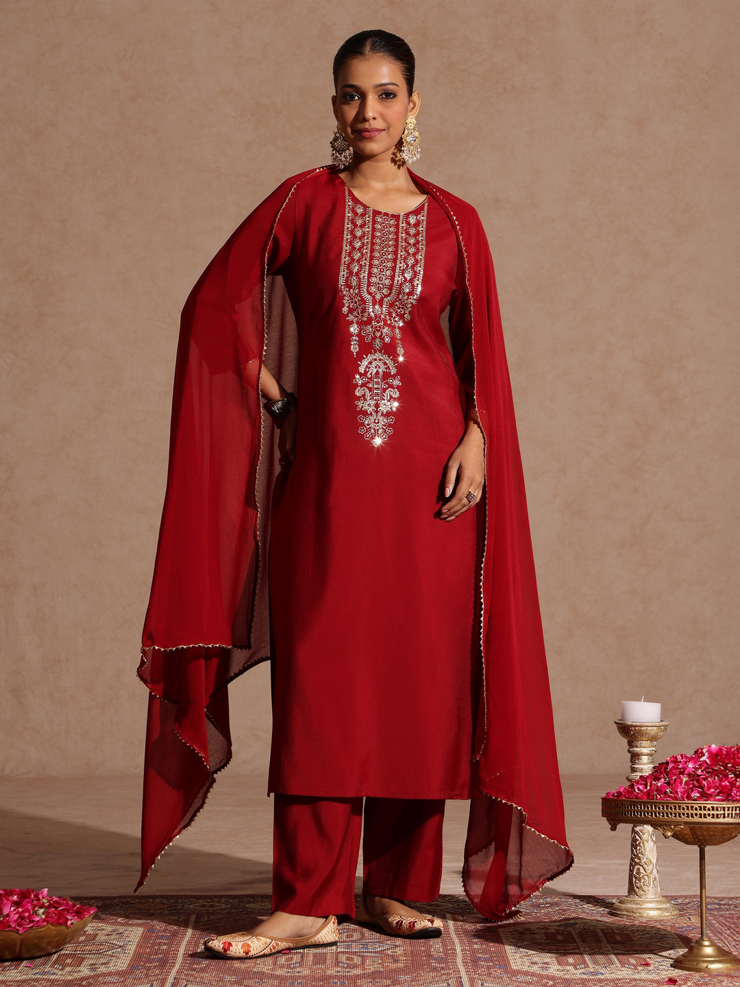 Janasya Women's Maroon Chanderi Silk Zari Yoke Embroidered Straight Kurta Set