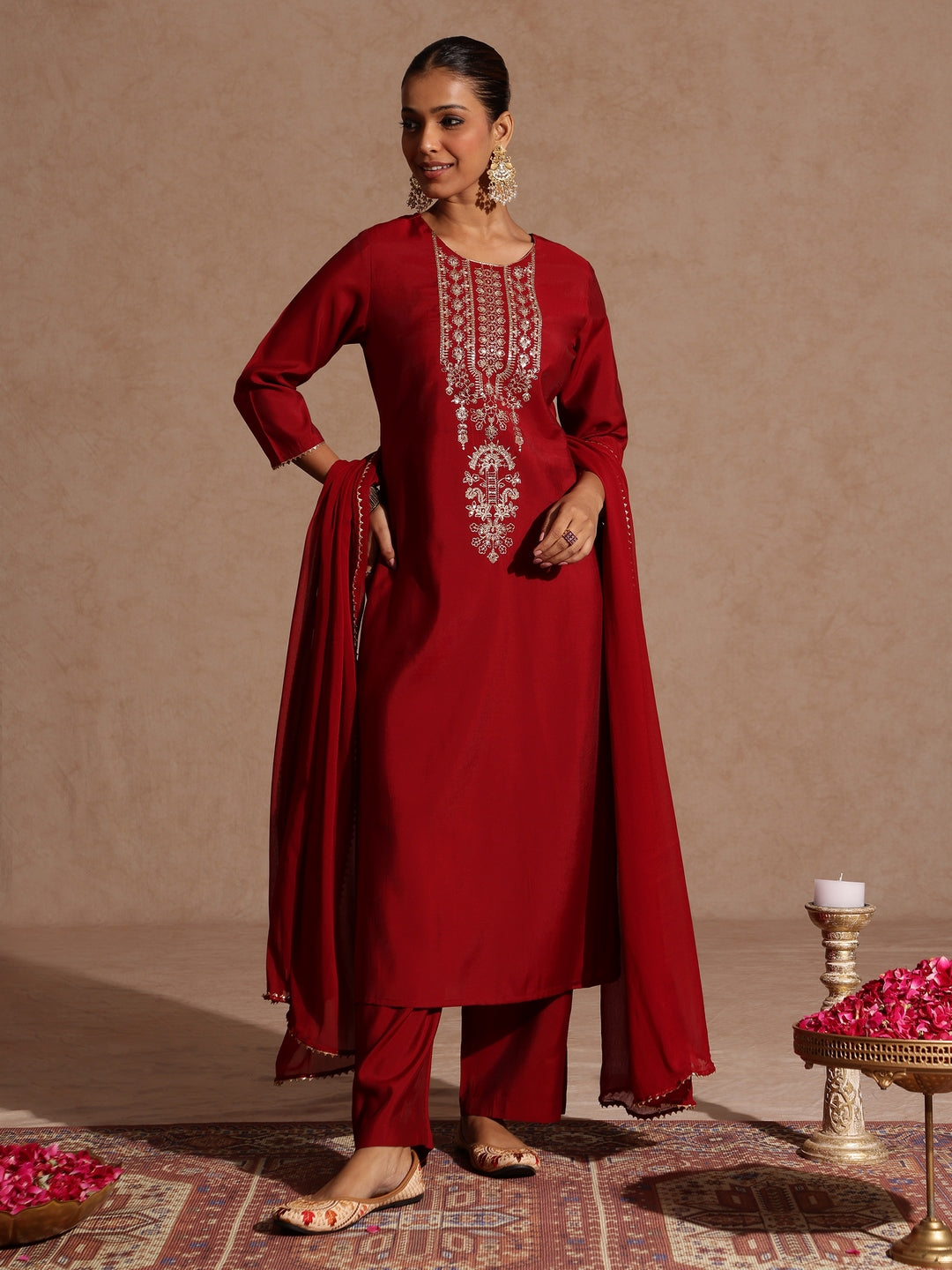 Janasya Women's Maroon Chanderi Silk Zari Yoke Embroidered Straight Kurta Set