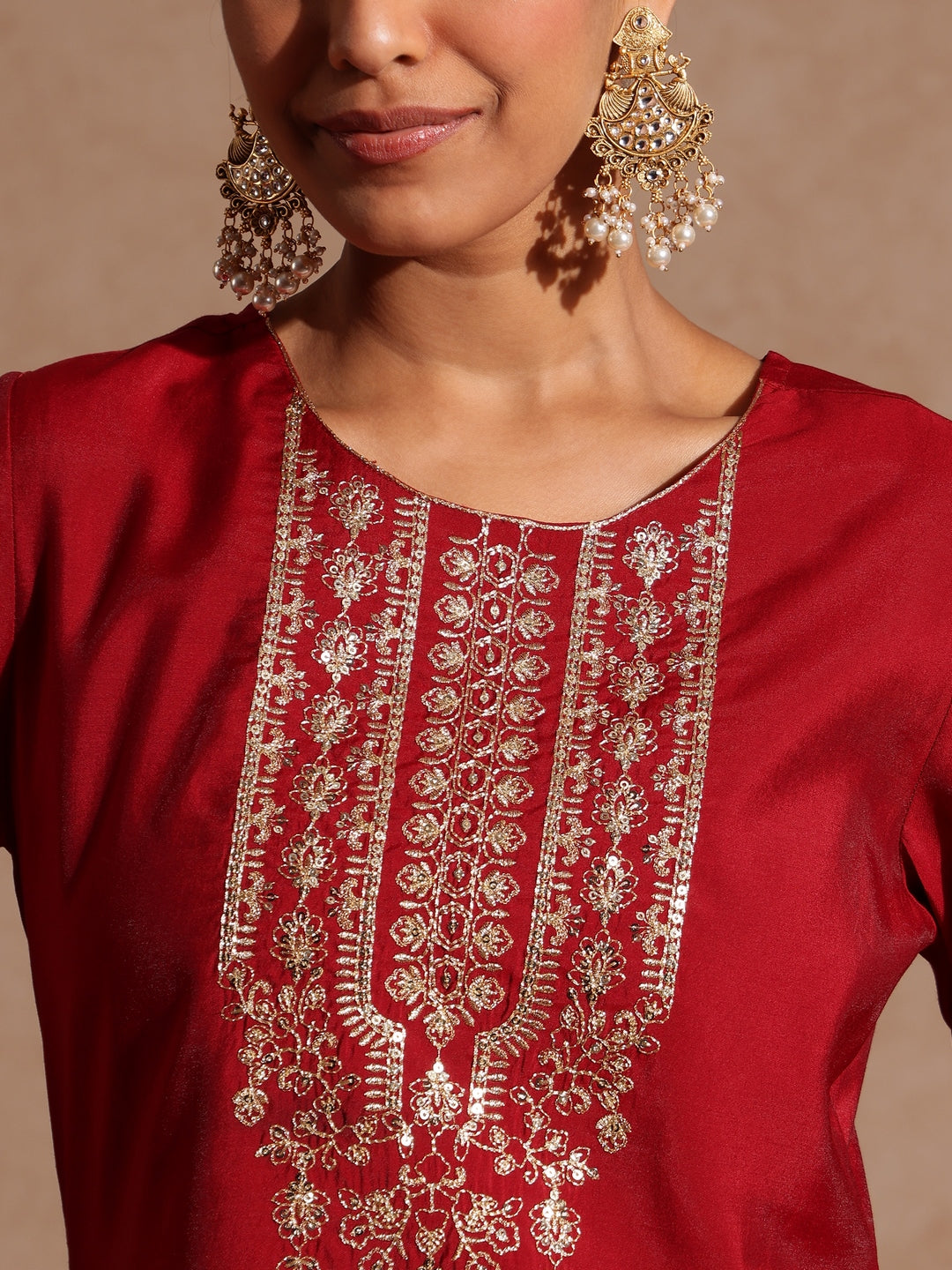 Janasya Women's Maroon Chanderi Silk Zari Yoke Embroidered Straight Kurta Set