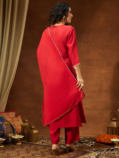 Janasya Women's Maroon Chanderi Silk Zari Yoke Embroidered Straight Kurta Set