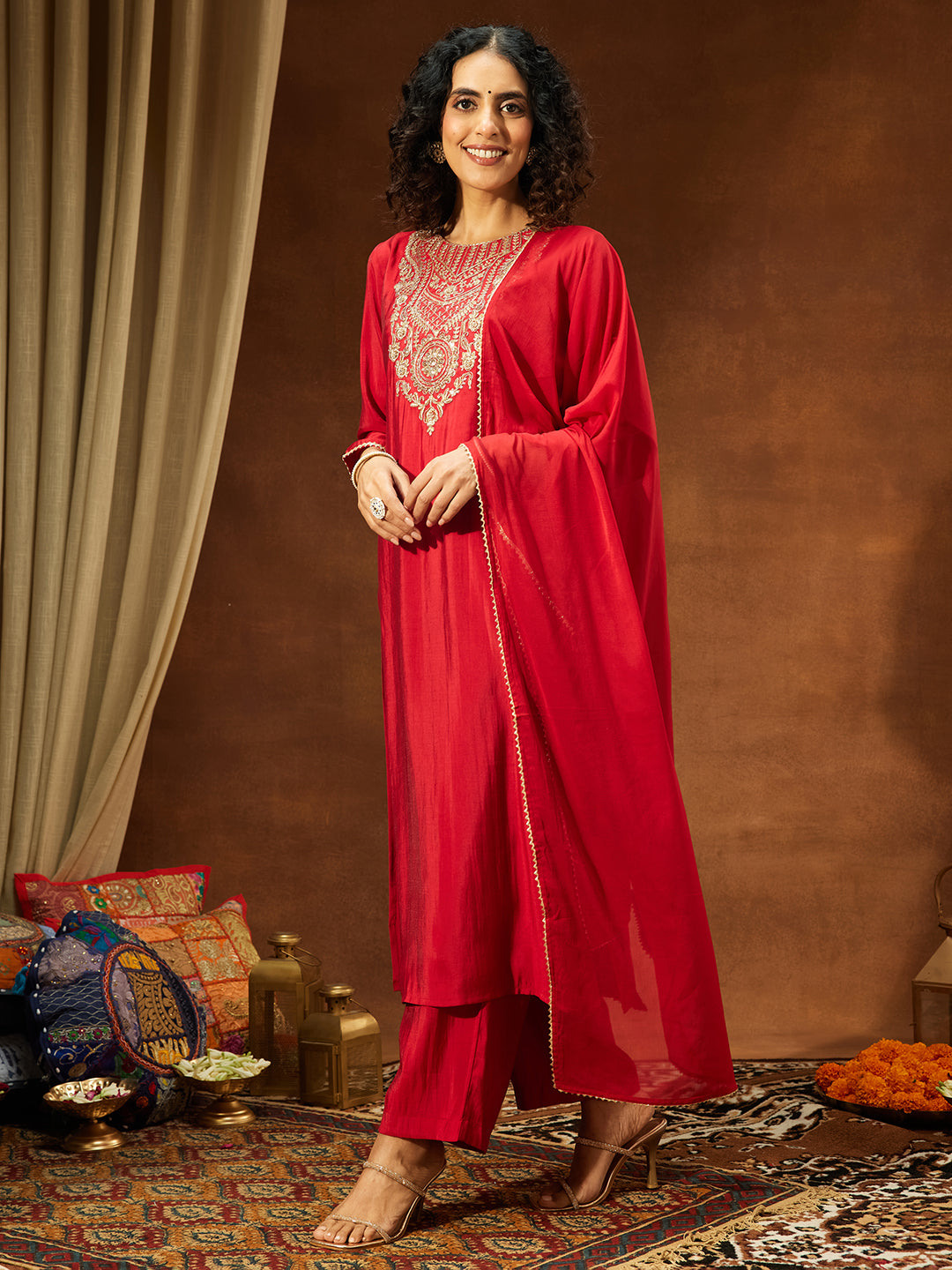 Janasya Women's Maroon Chanderi Silk Zari Yoke Embroidered Straight Kurta Set