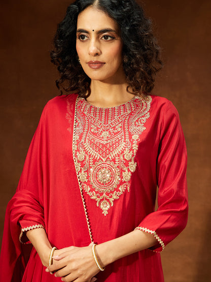 Janasya Women's Maroon Chanderi Silk Zari Yoke Embroidered Straight Kurta Set