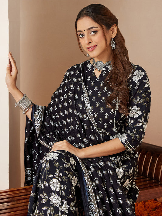 Janasya Women's Black Pure Cotton Floral Printed Anarkali Kurta Set