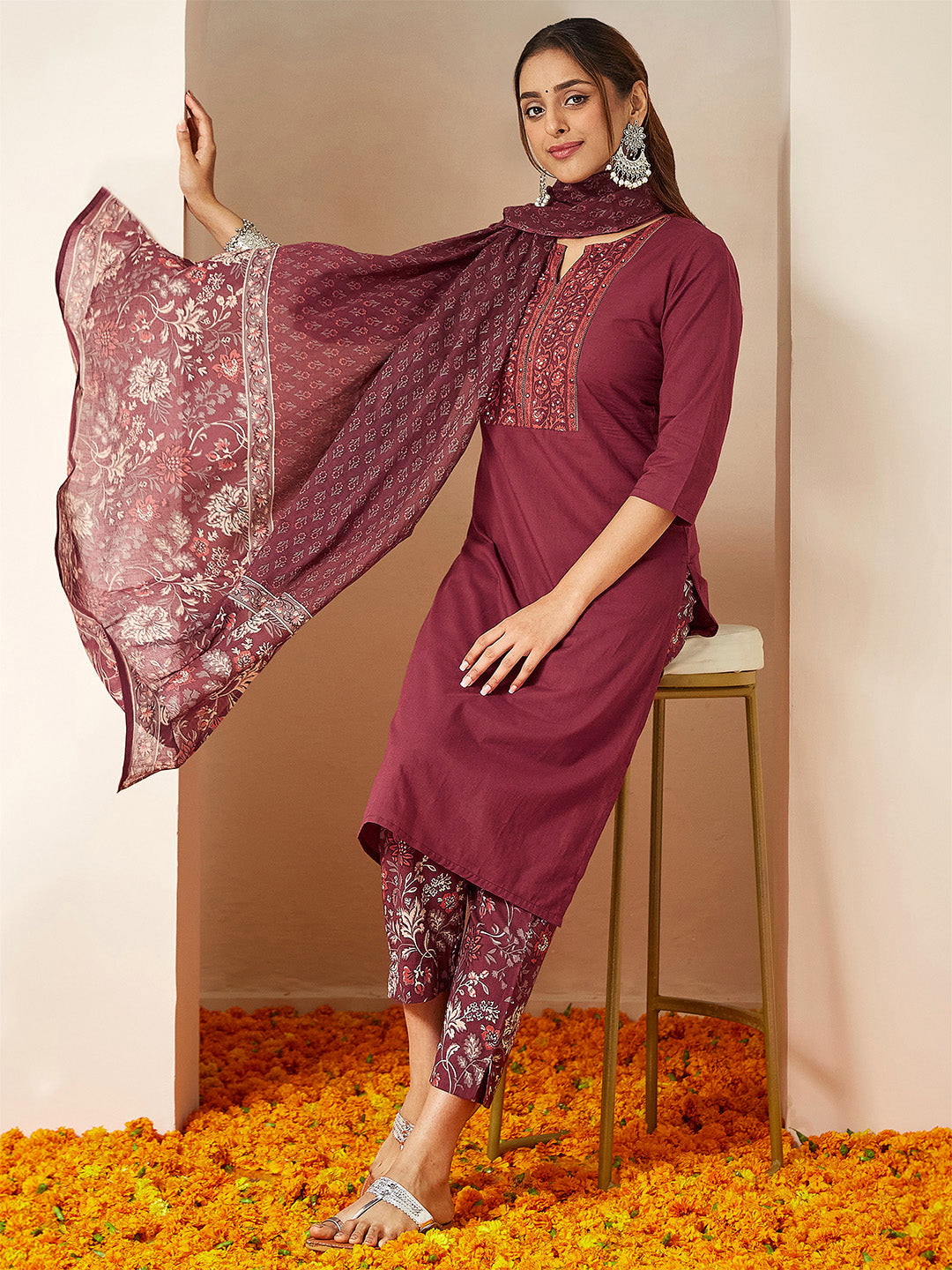 Janasya Women's Burgundy Pure Cotton Embellished Straight Kurta Set