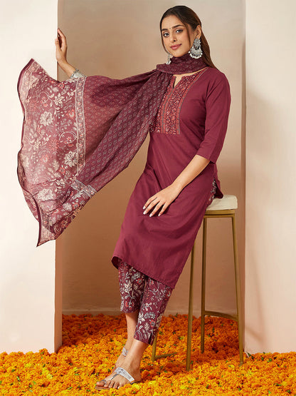 Janasya Women's Burgundy Pure Cotton Embellished Straight Kurta Set