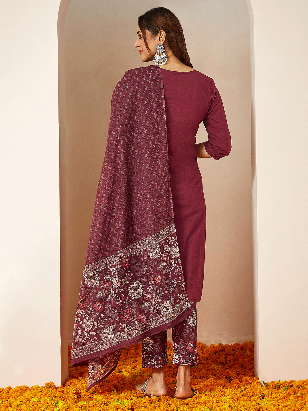 Janasya Women's Burgundy Pure Cotton Embellished Straight Kurta Set