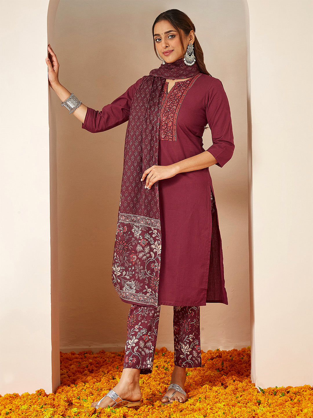 Janasya Women's Burgundy Pure Cotton Embellished Straight Kurta Set