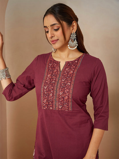 Janasya Women's Burgundy Pure Cotton Embellished Straight Kurta Set