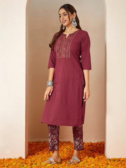 Janasya Women's Burgundy Pure Cotton Embellished Straight Kurta Set