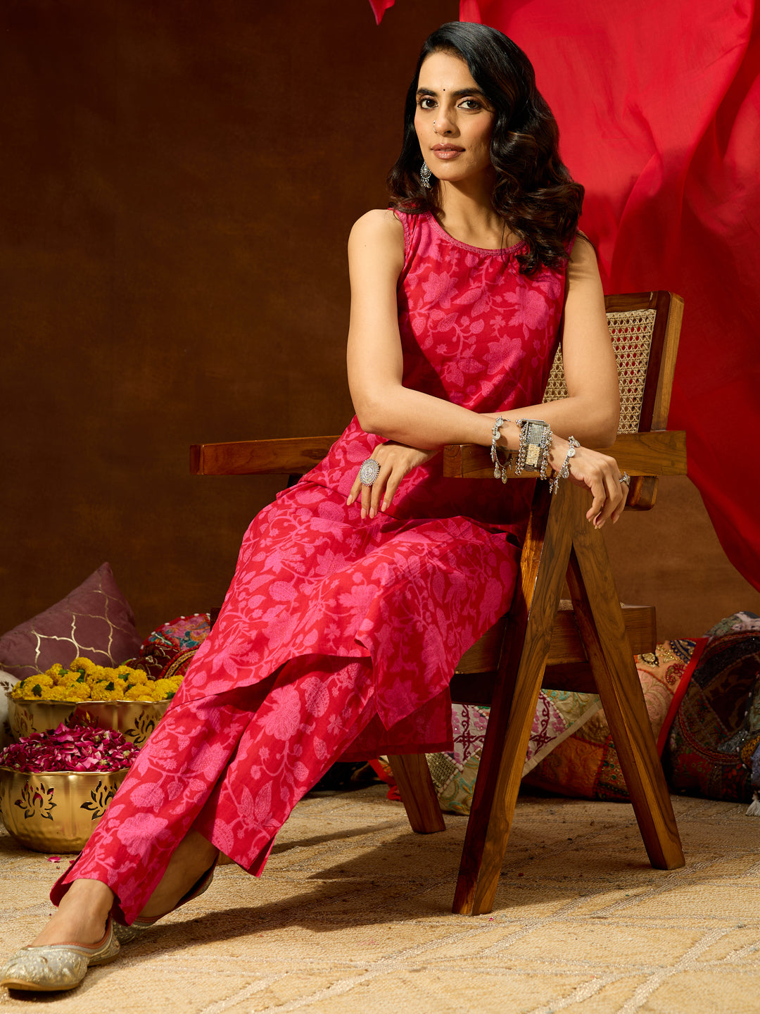 Janasya Women's Pink Pure Cotton Floral Printed Straight Kurta Set