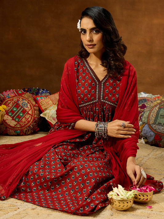Janasya Women's Maroon Pure Cotton Floral Printed A-line Kurta Set
