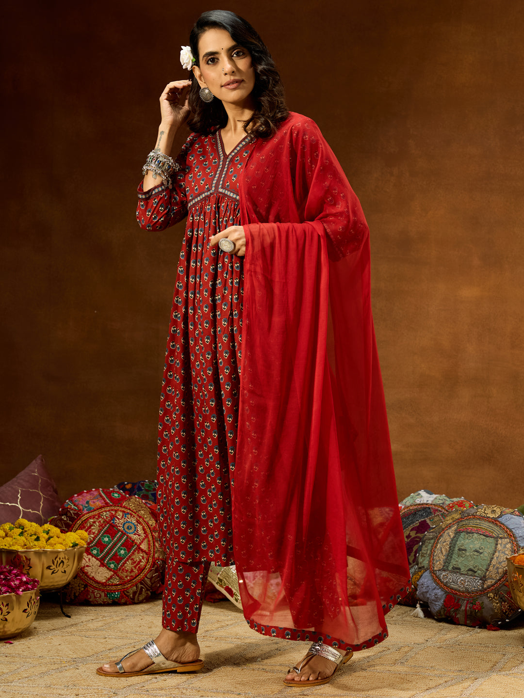 Janasya Women's Maroon Pure Cotton Floral Printed A-line Kurta Set