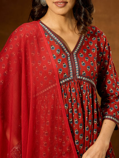 Janasya Women's Maroon Pure Cotton Floral Printed A-line Kurta Set