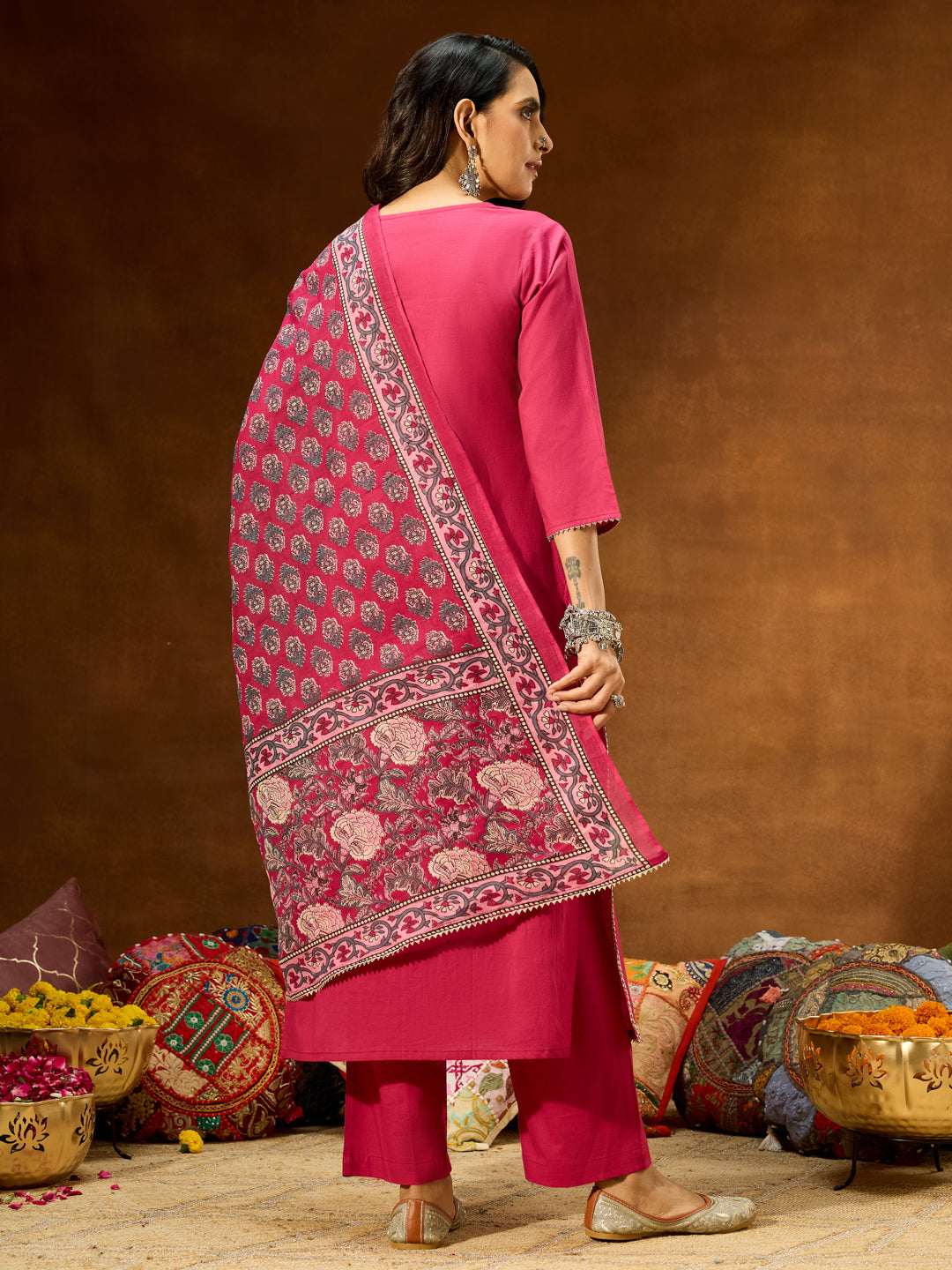 Janasya Women's Magenta Pure Cotton Self Design Straight Kurta Set With Printed Dupatta