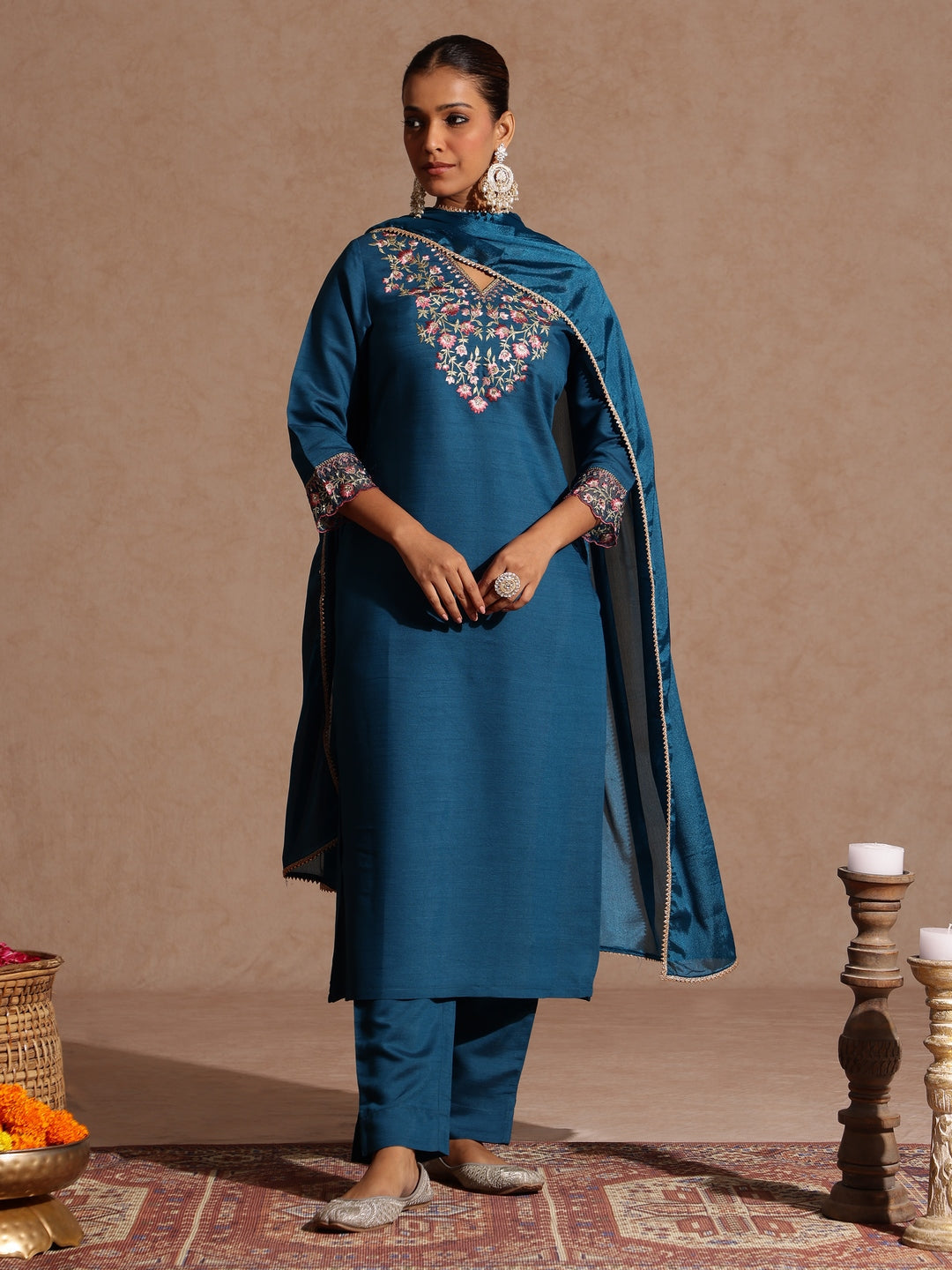Janasya Women's Teal Blue Silk Blend Yoke Embroidered Straight Kurta Set