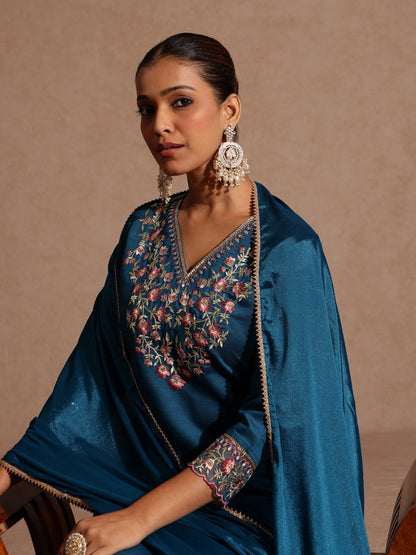 Janasya Women's Teal Blue Silk Blend Yoke Embroidered Straight Kurta Set