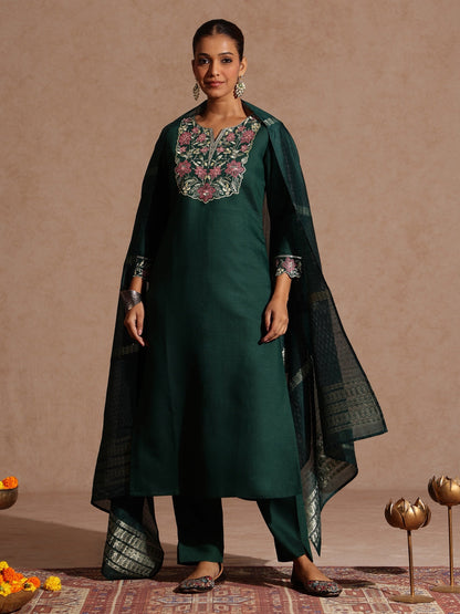 Janasya Women's Bottle Green Silk Blend Yoke Embroidered Straight Kurta Set