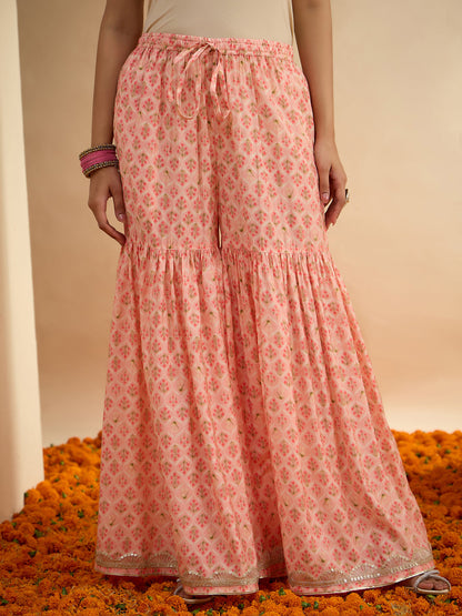 Janasya Women's Peach Chanderi Silk Floral Embroidered Straight Kurta Sharara Set