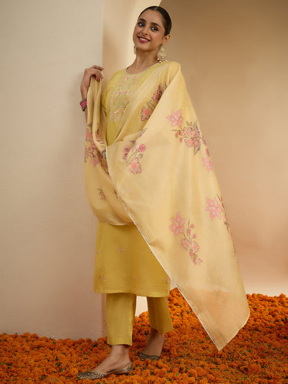 Janasya Women's Yellow Chanderi Silk Embroidered Straight Kurta Set with Printed Dupatta