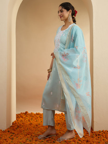 Janasya Women's Sky Blue Chanderi Yoke Embroidered Straight Kurta Set