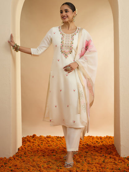 Janasya Women's Off White Chanderi Floral Embroidered Straight kurta Set with Printed Dupatta