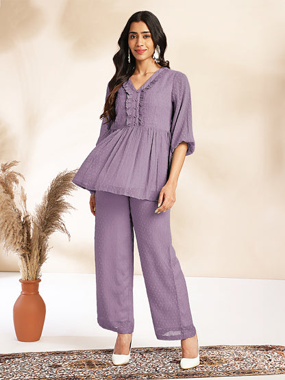 Lavender Dobby Chiffon Self Design Peplum Co-Ord Set