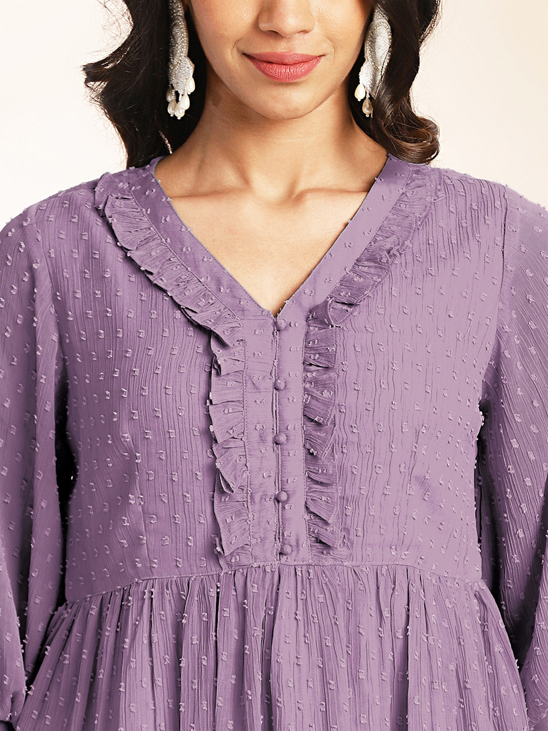 Lavender Dobby Chiffon Self Design Peplum Co-Ord Set