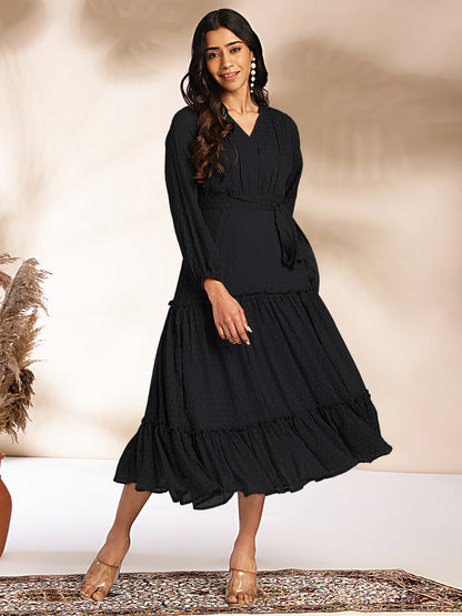Black Dobby Chiffon Woven Design Tiered Dress