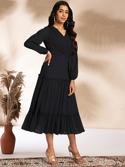 Black Dobby Chiffon Woven Design Tiered Dress