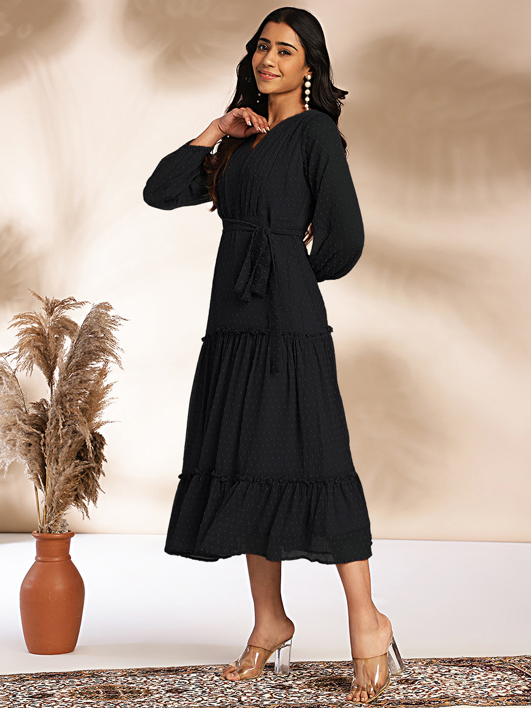 Black Dobby Chiffon Woven Design Tiered Dress