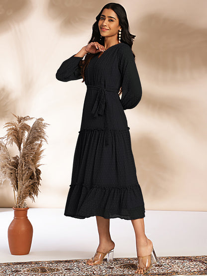 Black Dobby Chiffon Woven Design Tiered Dress