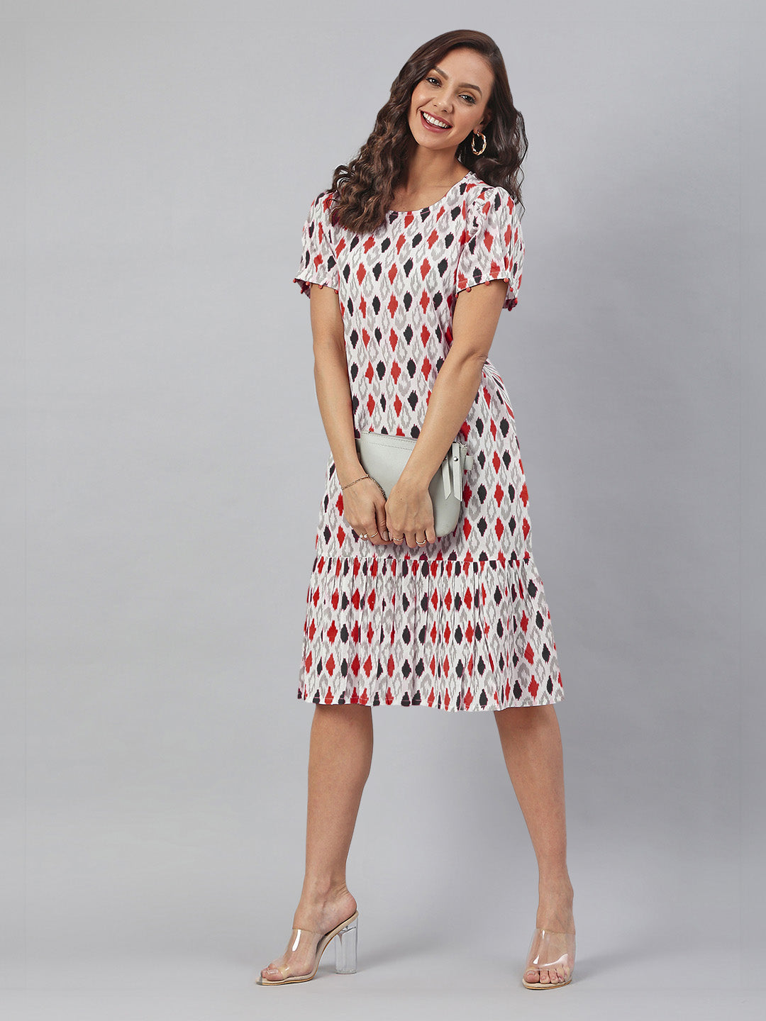 White Pure Cotton Ikkat Printed A-Line Dress