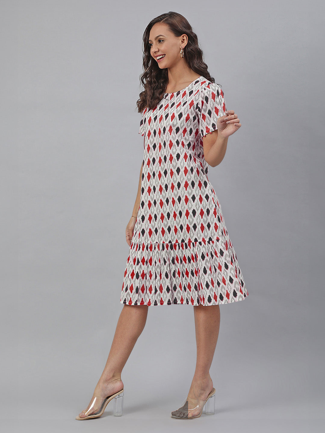 White Pure Cotton Ikkat Printed A-Line Dress