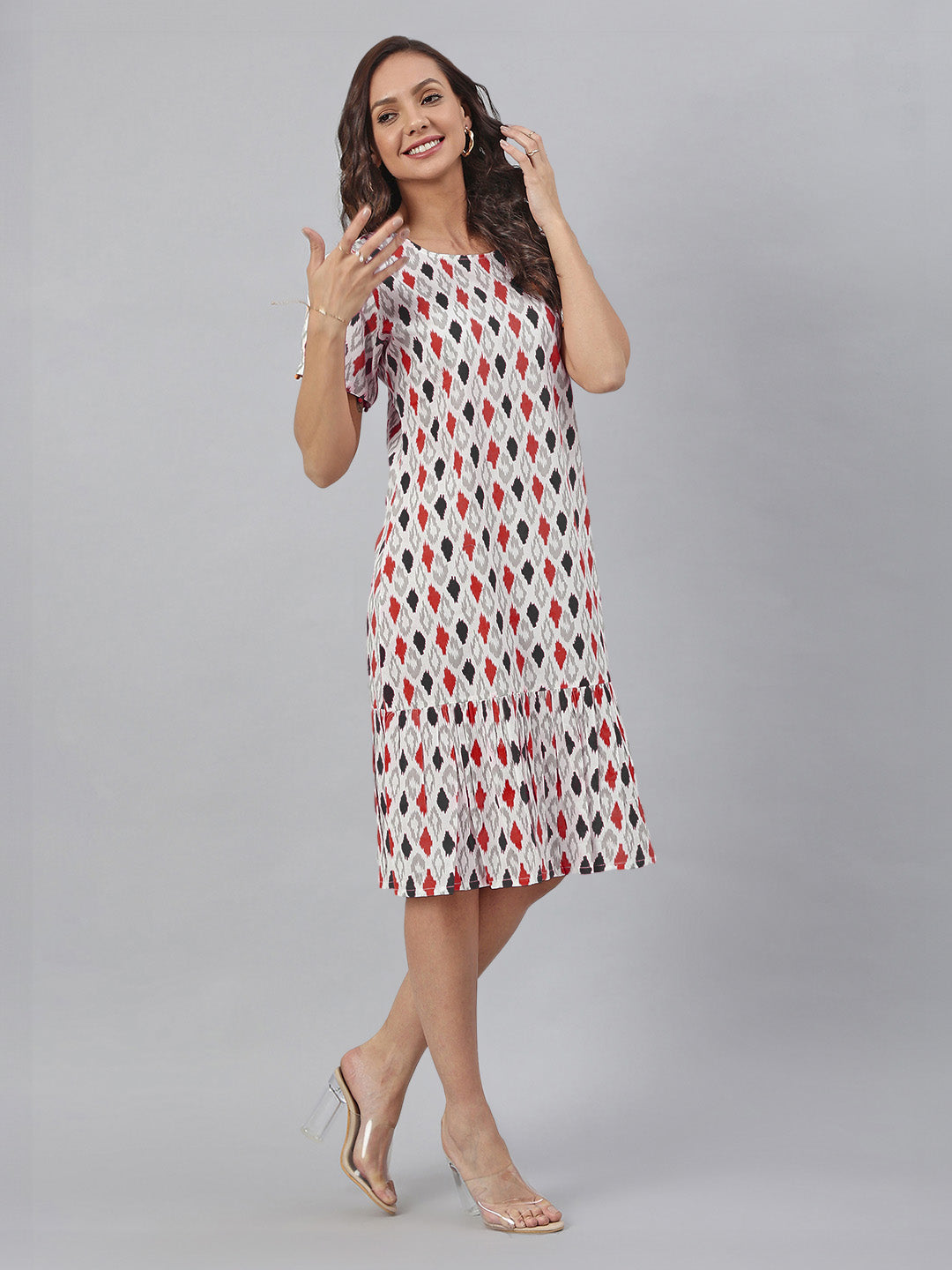 White Pure Cotton Ikkat Printed A-Line Dress