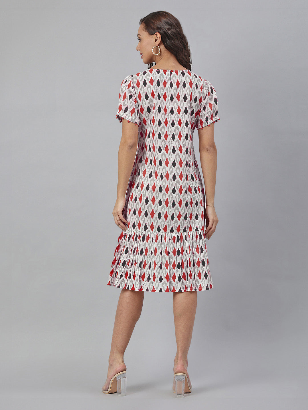 White Pure Cotton Ikkat Printed A-Line Dress