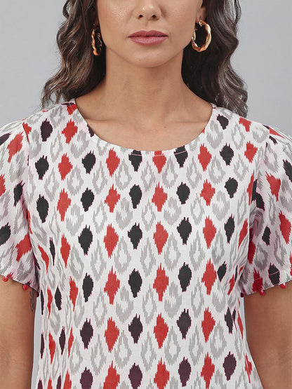 White Pure Cotton Ikkat Printed A-Line Dress