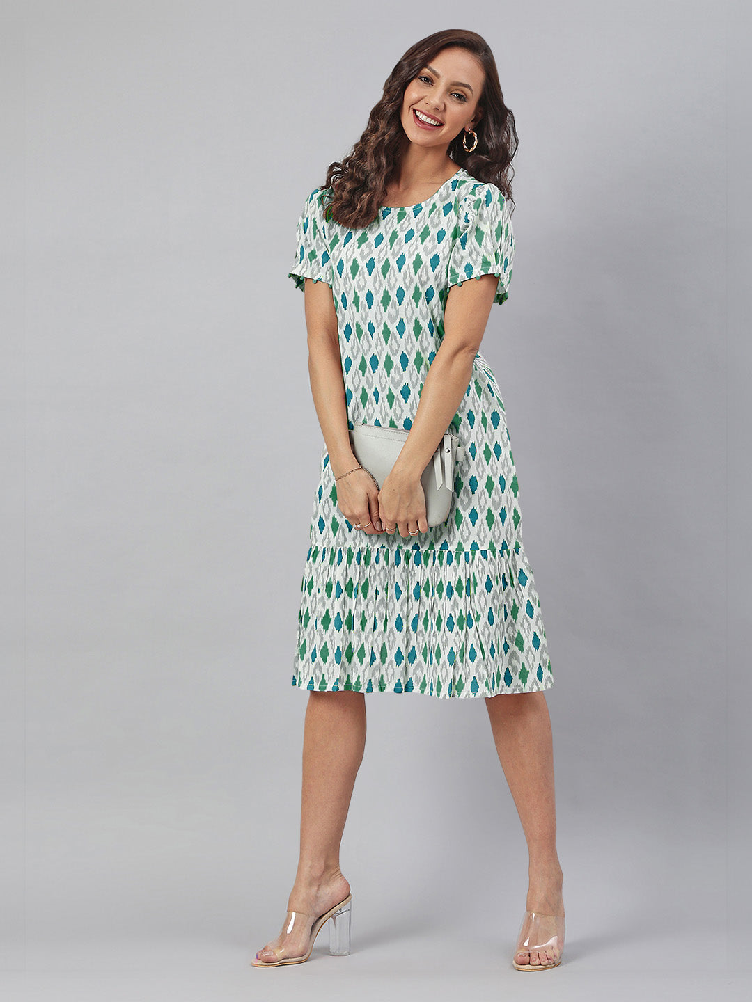 White Pure Cotton Ikkat Printed A-Line Dress