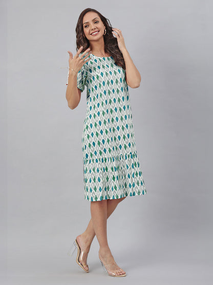 White Pure Cotton Ikkat Printed A-Line Dress