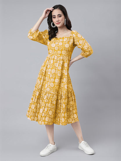 Yellow Pure Cotton Floral Printed Tiered Dress