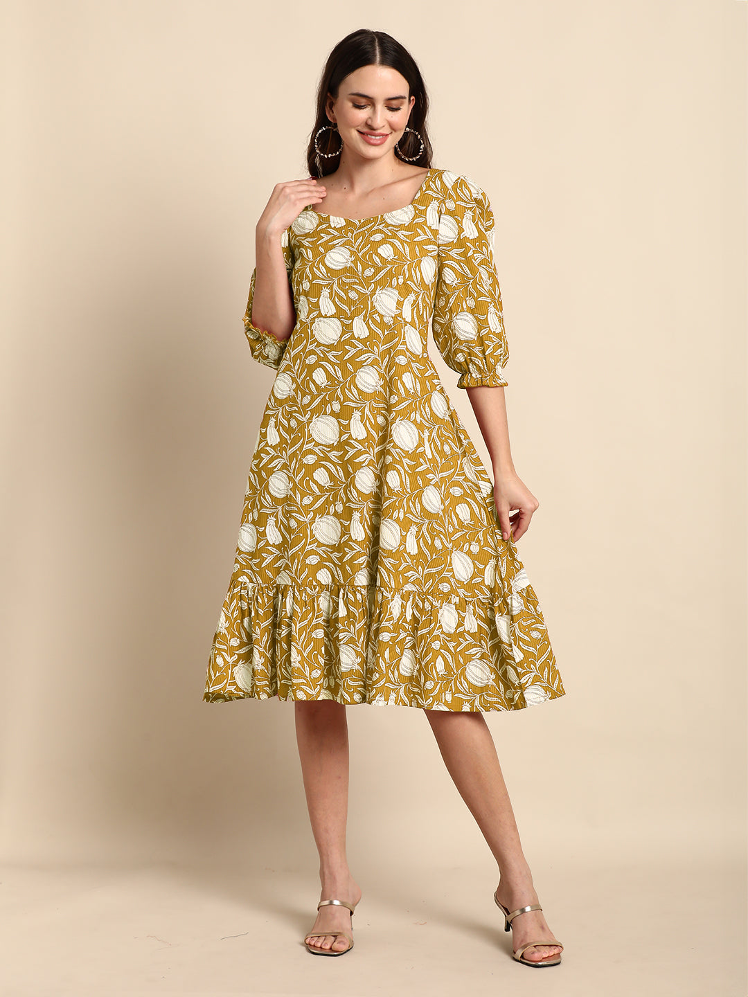 Mustard Pure Cotton Floral Printed A-Line Dress