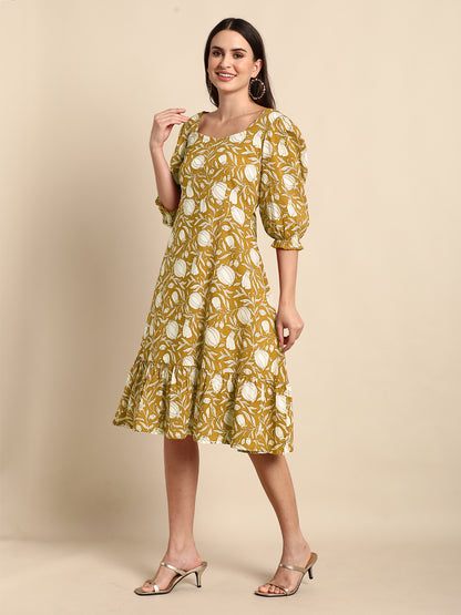 Mustard Pure Cotton Floral Printed A-Line Dress