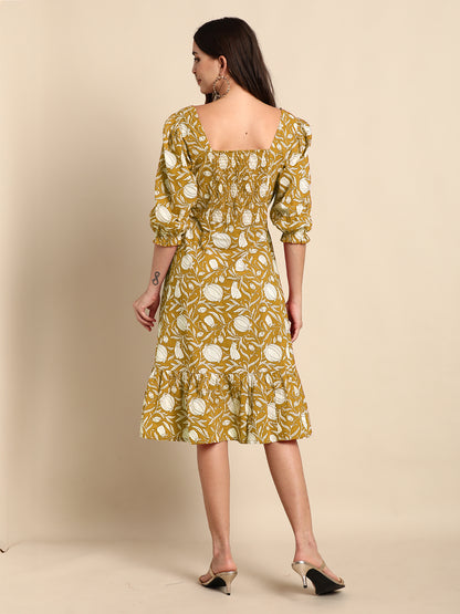 Mustard Pure Cotton Floral Printed A-Line Dress